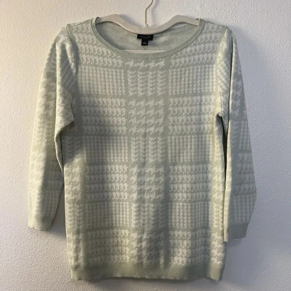Ann Taylor Factory Mint Crewneck Green White Houndstooth Sweater Holiday Size S - Picture 2 of 10